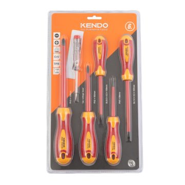   KENDO VDE Isoliertes Schraubenzieher-Set 5+1 teilig, SL+PH+Phasenprüfer, Nr. 20483