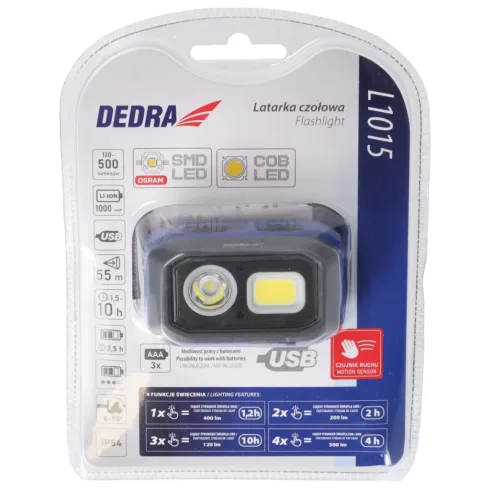 DEDRA Fejlámpa 500lm, mozgásérzékelő, akkumulátor 1000mAh/3xAAA  L1015